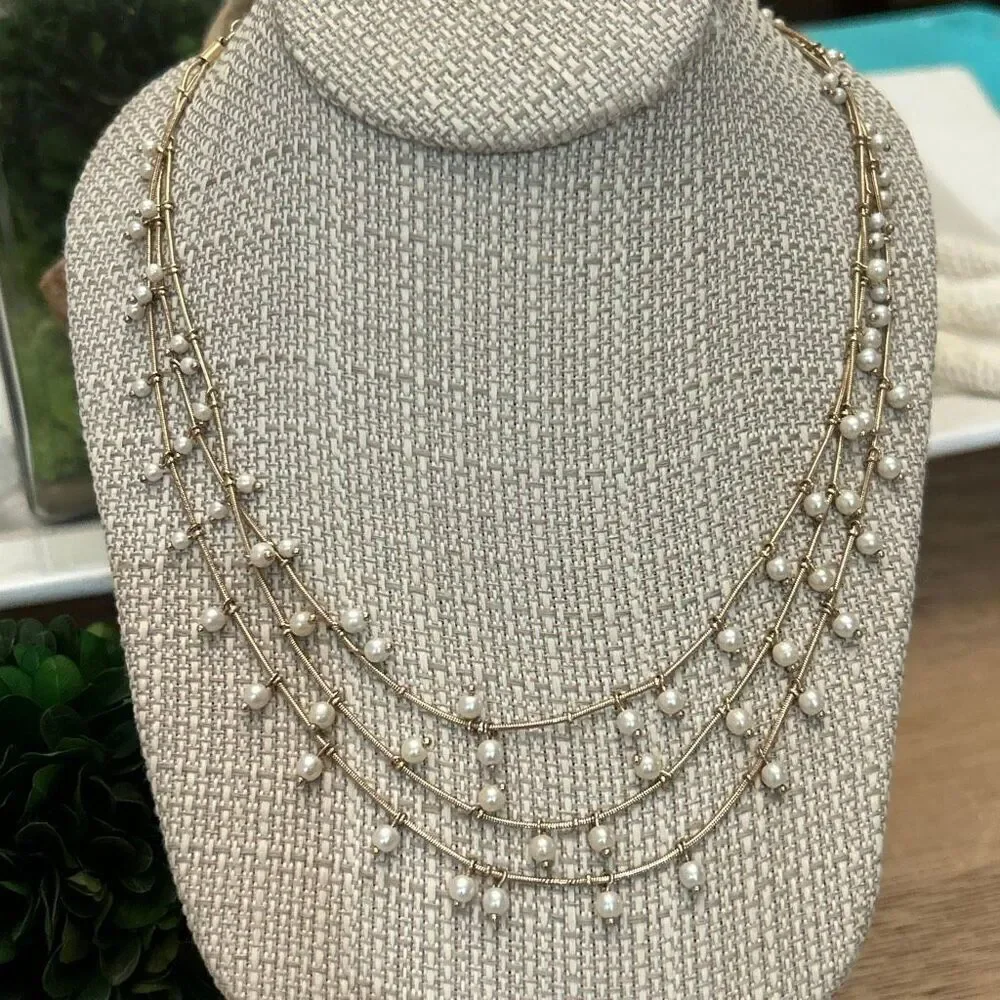 Anne Klein dainty 3 layer hanging pearl Necklace gold